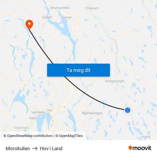 Morokulien to Hov i Land map