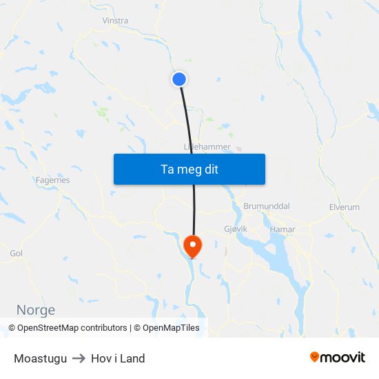 Moastugu to Hov i Land map