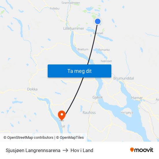 Sjusjøen Langrennsarena to Hov i Land map