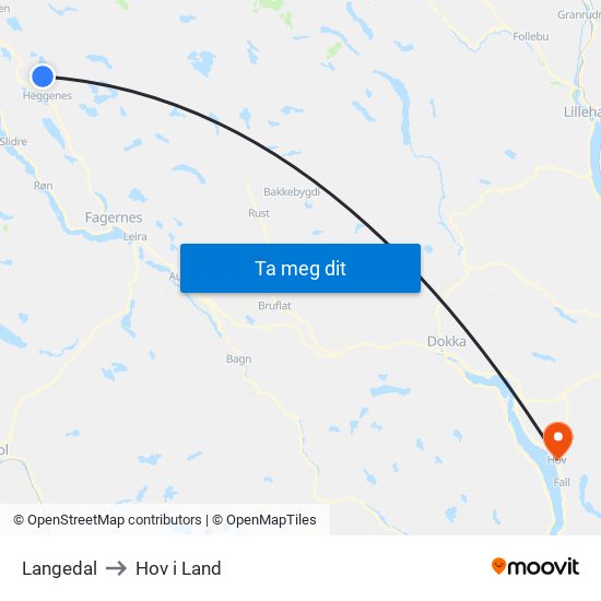 Langedal to Hov i Land map