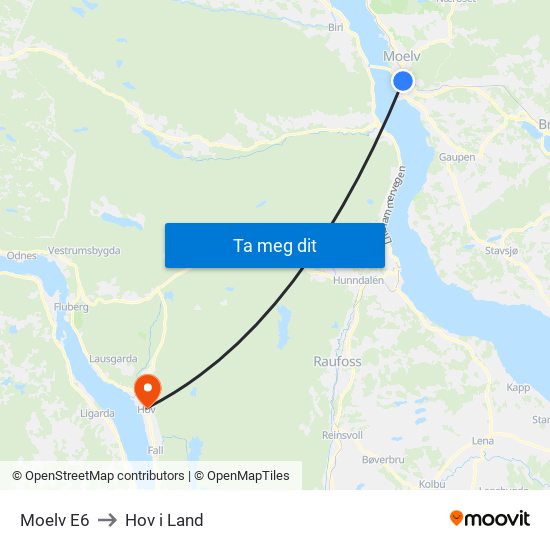 Moelv E6 to Hov i Land map