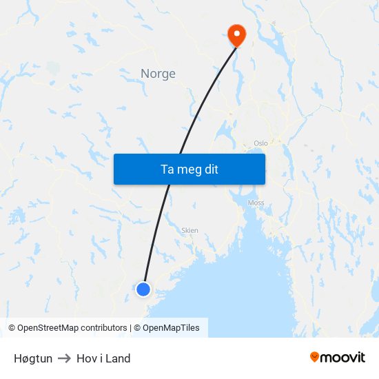 Høgtun to Hov i Land map