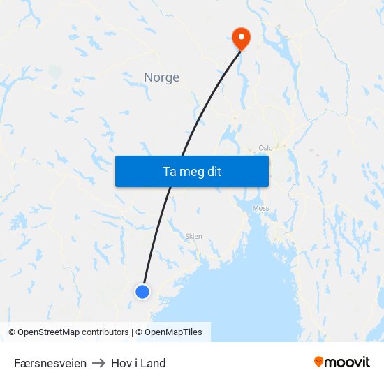 Færsnesveien to Hov i Land map