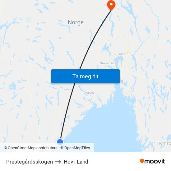 Prestegårdsskogen to Hov i Land map