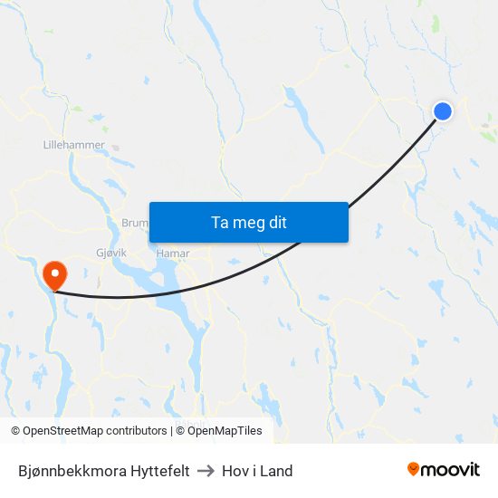 Bjønnbekkmora Hyttefelt to Hov i Land map