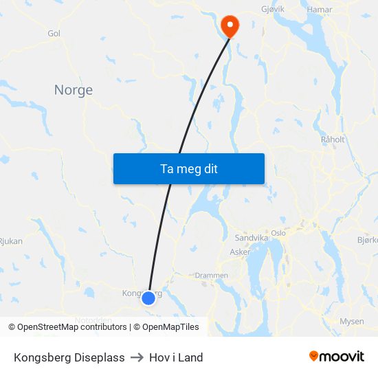 Kongsberg Diseplass to Hov i Land map