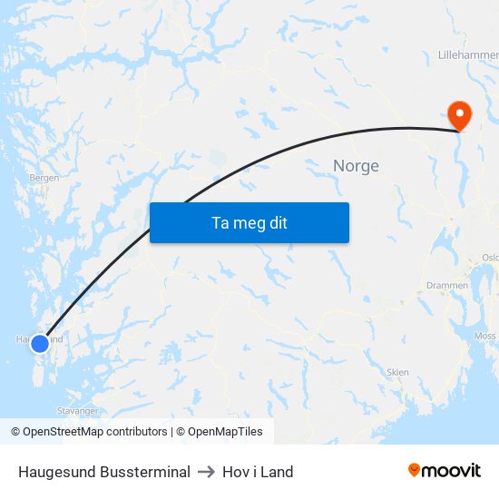 Haugesund Bussterminal to Hov i Land map