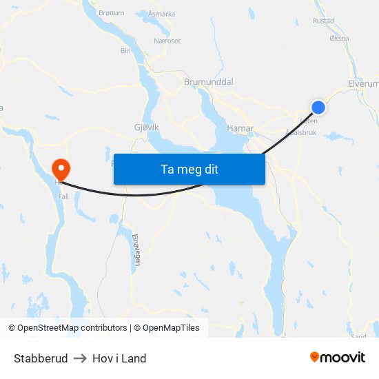 Stabberud to Hov i Land map