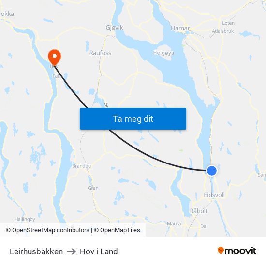 Leirhusbakken to Hov i Land map