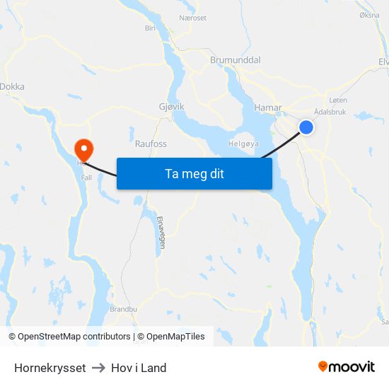 Hornekrysset to Hov i Land map