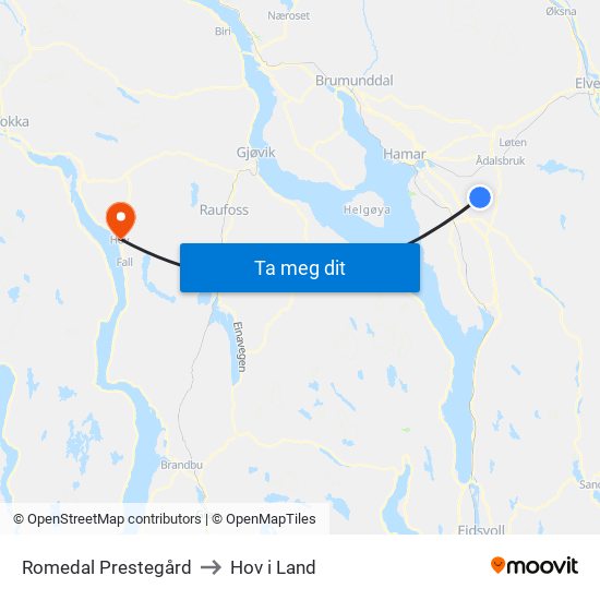 Romedal Prestegård to Hov i Land map