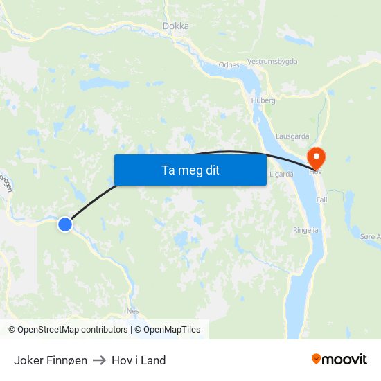 Joker Finnøen to Hov i Land map