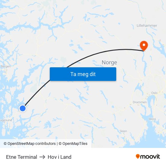 Etne Terminal to Hov i Land map