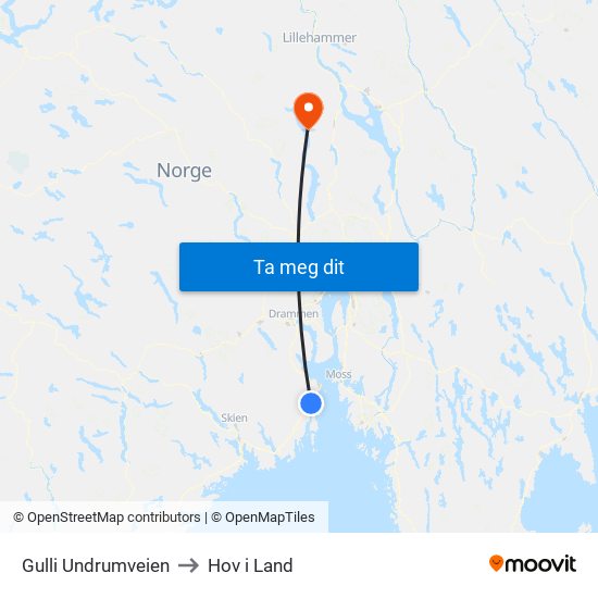 Gulli Undrumveien to Hov i Land map