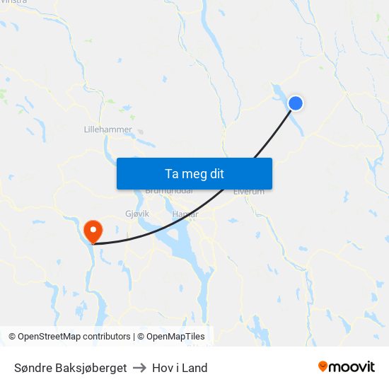 Søndre Baksjøberget to Hov i Land map