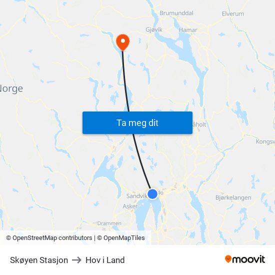 Skøyen Stasjon to Hov i Land map