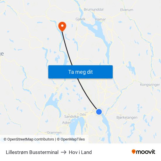 Lillestrøm Bussterminal to Hov i Land map
