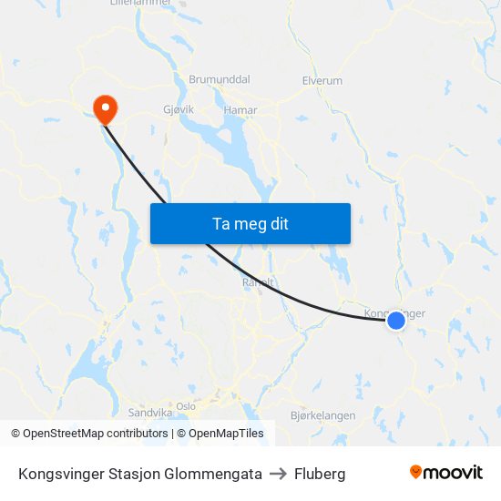 Kongsvinger Stasjon Glommengata to Fluberg map