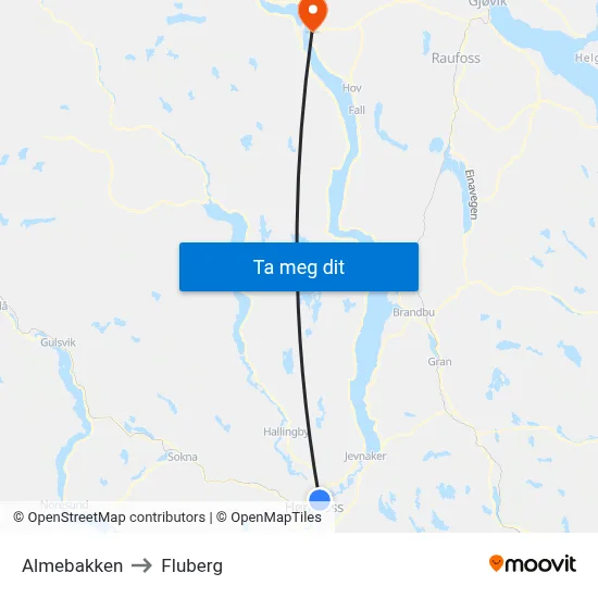 Almebakken to Fluberg map