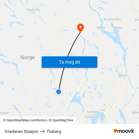 Krøderen Stasjon to Fluberg map