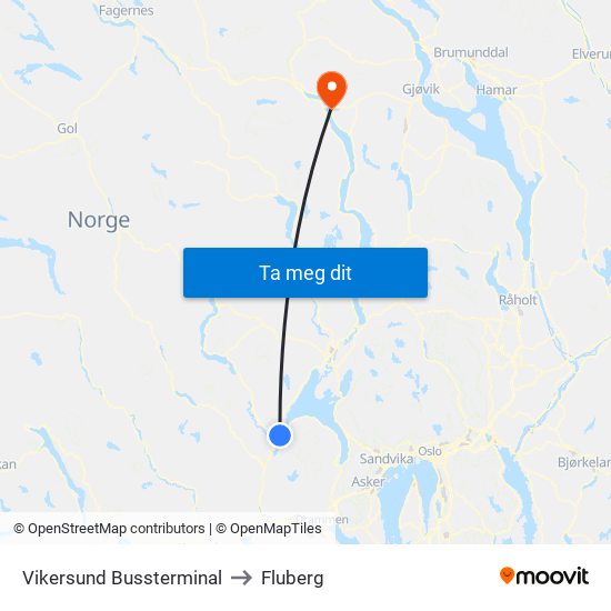 Vikersund Bussterminal to Fluberg map