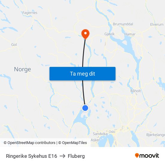 Ringerike Sykehus E16 to Fluberg map