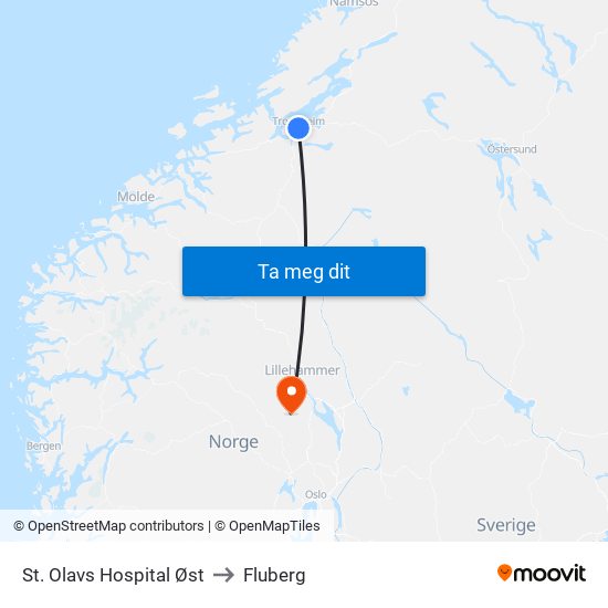 St. Olavs Hospital Øst to Fluberg map