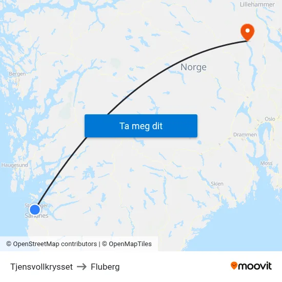 Tjensvollkrysset to Fluberg map