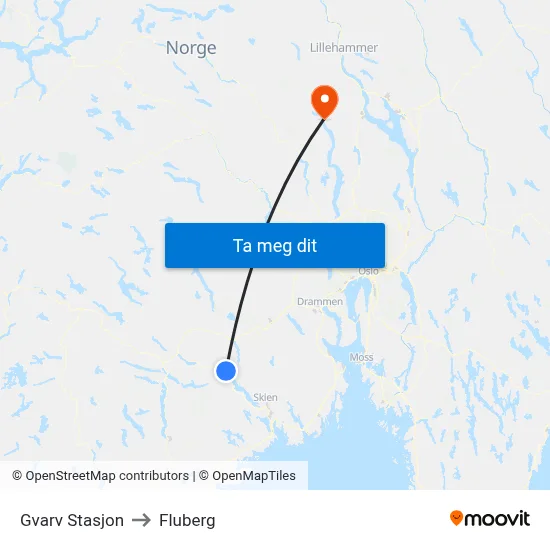 Gvarv Stasjon to Fluberg map