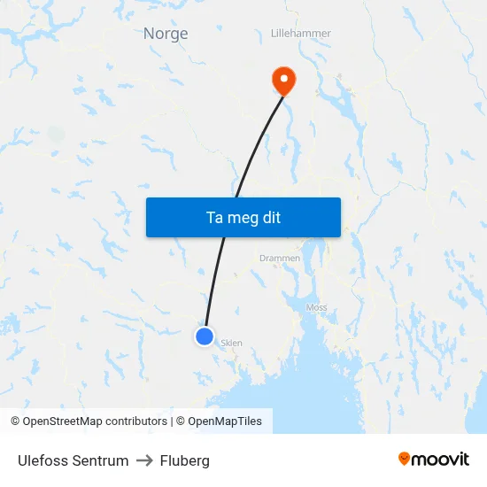 Ulefoss Sentrum to Fluberg map