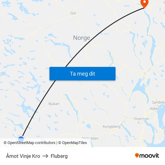 Åmot Vinje Kro to Fluberg map