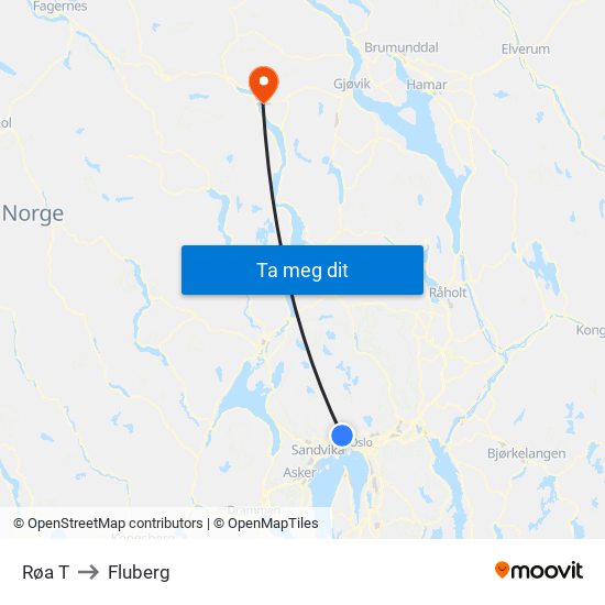 Røa T to Fluberg map