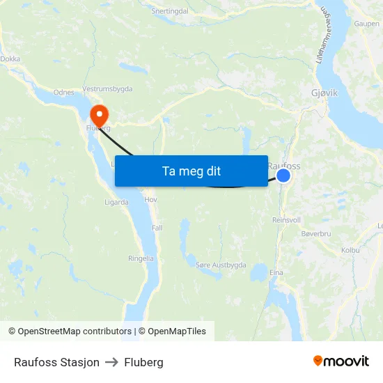 Raufoss Stasjon to Fluberg map