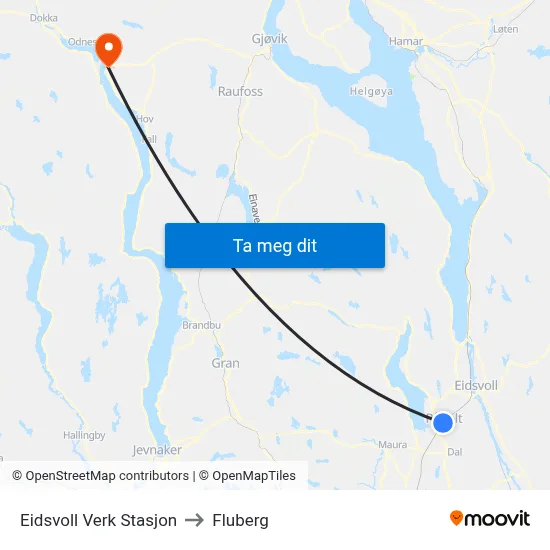 Eidsvoll Verk Stasjon to Fluberg map