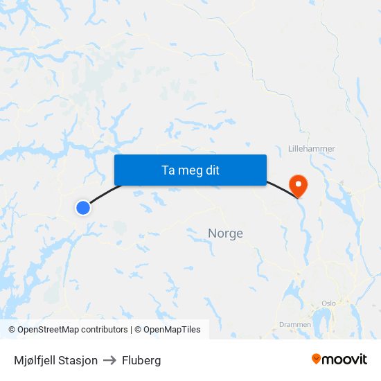 Mjølfjell Stasjon to Fluberg map