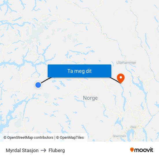 Myrdal Stasjon to Fluberg map