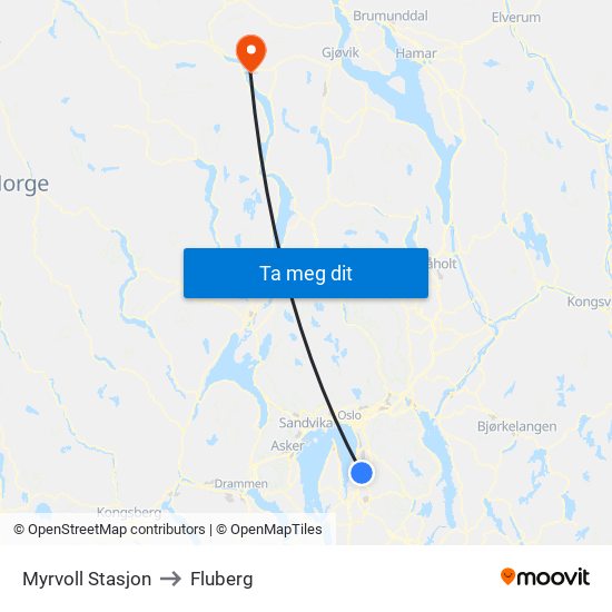 Myrvoll Stasjon to Fluberg map
