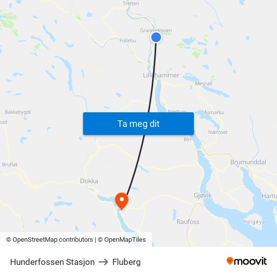 Hunderfossen Stasjon to Fluberg map