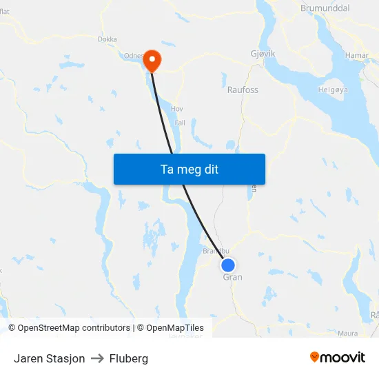 Jaren Stasjon to Fluberg map