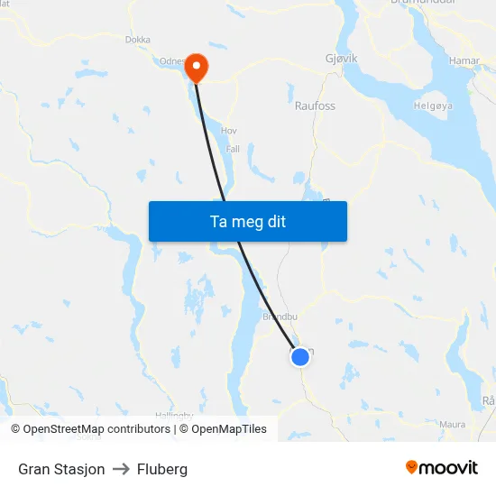 Gran Stasjon to Fluberg map