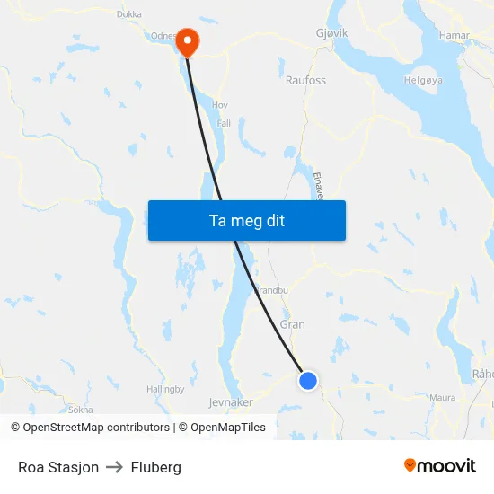 Roa Stasjon to Fluberg map
