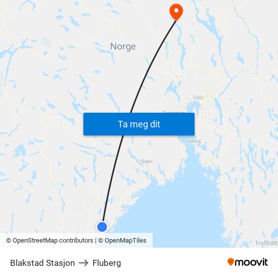 Blakstad Stasjon to Fluberg map
