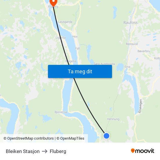 Bleiken Stasjon to Fluberg map
