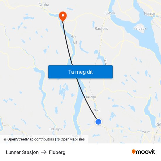 Lunner Stasjon to Fluberg map