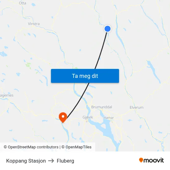 Koppang Stasjon to Fluberg map