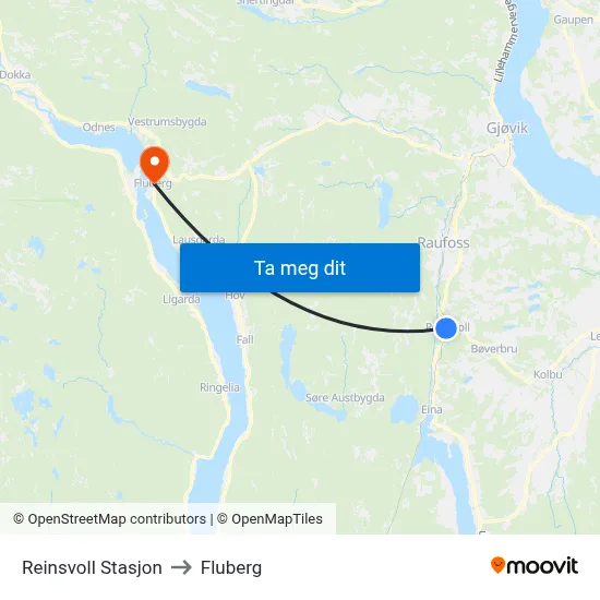 Reinsvoll Stasjon to Fluberg map