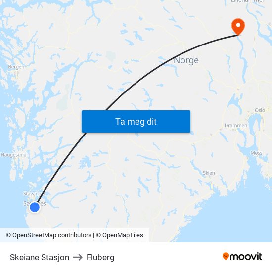 Skeiane Stasjon to Fluberg map