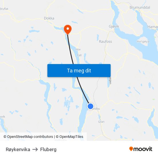 Røykenvika to Fluberg map