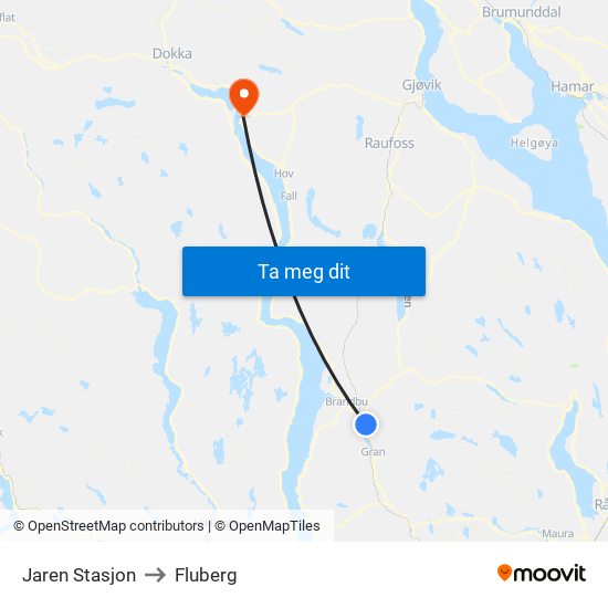 Jaren Stasjon to Fluberg map