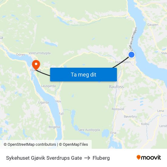 Sykehuset Gjøvik Sverdrups Gate to Fluberg map